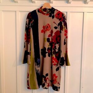 Modern Floral long sleeve Mock neck knit bell sleeve dress tan red  blue M